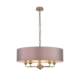 Banyan 5 Light Multi Arm Pendant, E14 Antique Brass With 60cm x 15cm Faux Silk Shade, Grey