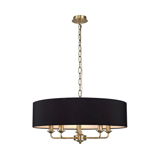 Banyan 5 Light Multi Arm Pendant, E14 Antique Brass With 60cm x 15cm Faux Silk Shade, black - image 1