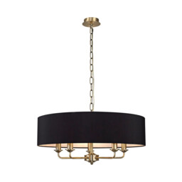 Banyan 5 Light Multi Arm Pendant, E14 Antique Brass With 60cm x 15cm Faux Silk Shade, black - thumbnail 1