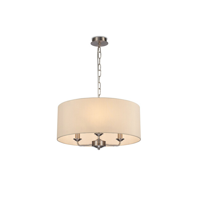 Banyan 3 Light Multi Arm Pendant, E14 Satin Nickel With 50cm x 22cm Faux Silk Shade, Ivory Pearl/White Laminate - image 1