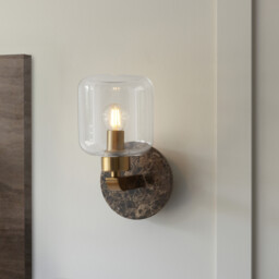Travi Wall Lamp Dark Brown Emperador Marble, Vintage Brass & Clear Glass E14 - thumbnail 2
