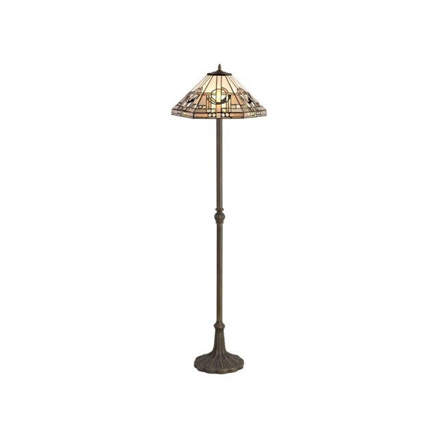 Ithaca 2 Light Leaf Design Floor Lamp E27 With 40cm Tiffany Shade, White, Grey, Black, Clear Crystal, Aged Antique Brass - image 1