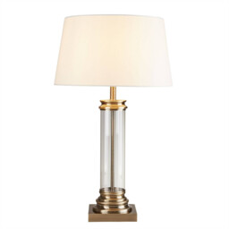 Pedestal 1 Light Glass Table Lamp Antique Brass with Cream Shade, E27 - thumbnail 1