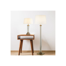 Pedestal 1 Light Glass Table Lamp Antique Brass with Cream Shade, E27 - thumbnail 2