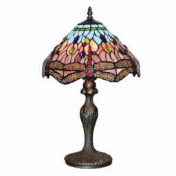 Dragonfly 1 Light Table Lamp Antique Brass, Tiffany Glass, Red, Blue, E27 - thumbnail 2