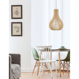 Soho Wire Frame Pendant Ceiling Light Natural Wood Brown Fabric Cable Solid Wood Canopy LED E27 - thumbnail 2