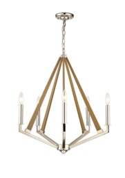 Hilton Pentagonal Caged Ceiling Pendant 5 Light E14 Polished Nickel, Taupe Wood