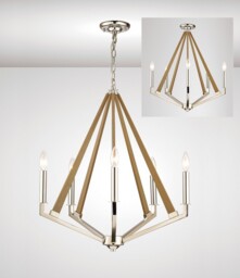 Hilton Pentagonal Caged Ceiling Pendant 5 Light E14 Polished Nickel, Taupe Wood - thumbnail 2