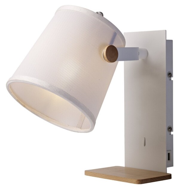 Nordica Wall Light with USB Socket, 1x23W E27, White, Beech with White Shade - image 1
