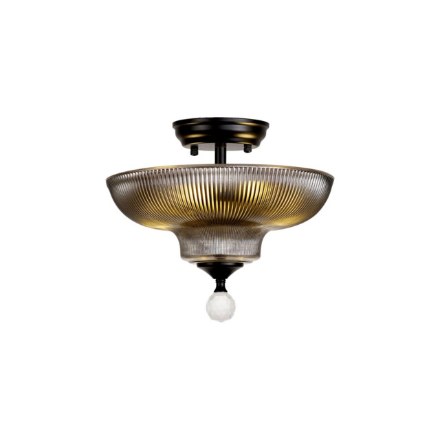 Dresden 2 Light Semi Flush Ceiling Lamp E27 With Round 30cm Glass Shade Matt Black, Smoked - image 1
