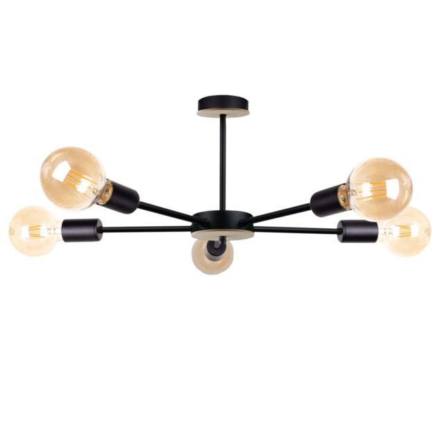 Sun Multi Arm Semi Flush Ceiling Light Wood, Black, 48cm, 5x E27