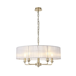 Banyan 5 Light Multi Arm Pendant With 60cm x 15cm Organza Shade Antique Brass/Grey