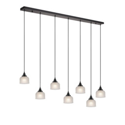 DeRuyter 7 Light Linear Pendant, E27, Satin Black/Prismatic Dome Glass, Frosted - thumbnail 1