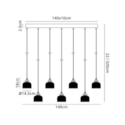 DeRuyter 7 Light Linear Pendant, E27, Satin Black/Prismatic Dome Glass, Frosted - thumbnail 2