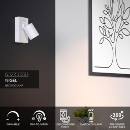 Nigel Modern Wall Spotlight - LED Dim. - GU10 - 1x5W 3000K - With USB charging point - White - thumbnail 2