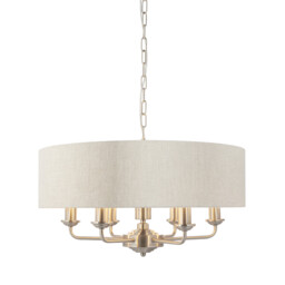 Highclere 6 Lamp Single Shade Pendant Light Brushed Chrome Plate, Natural Linen