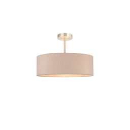 Baymont Satin Nickel 5 Light E27 Semi Flush Fixture, With 45cm x 15cm Dual Faux Silk Shade, Nude Beige/Moonlight
