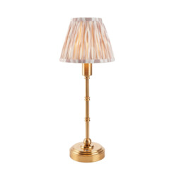 Burley Rechargeable Brushed Aged Brass Plate Table Lamp with Neutral Print Fabric Ikat Shade 16cm Integrated LED
