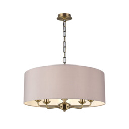 Banyan 5 Light Multi Arm Pendant, E14 Antique Brass With 60cm x 22cm Faux Silk Shade, Grey/White Laminate