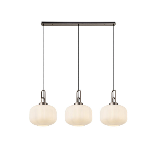 Yorktown Linear 3 Light Pendant E27, Antique Silver/Matt Black With 30cm Pumpkin Shaped Ribbed Opal Glass - image 1
