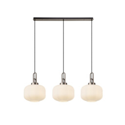 Yorktown Linear 3 Light Pendant E27, Antique Silver/Matt Black With 30cm Pumpkin Shaped Ribbed Opal Glass - thumbnail 1
