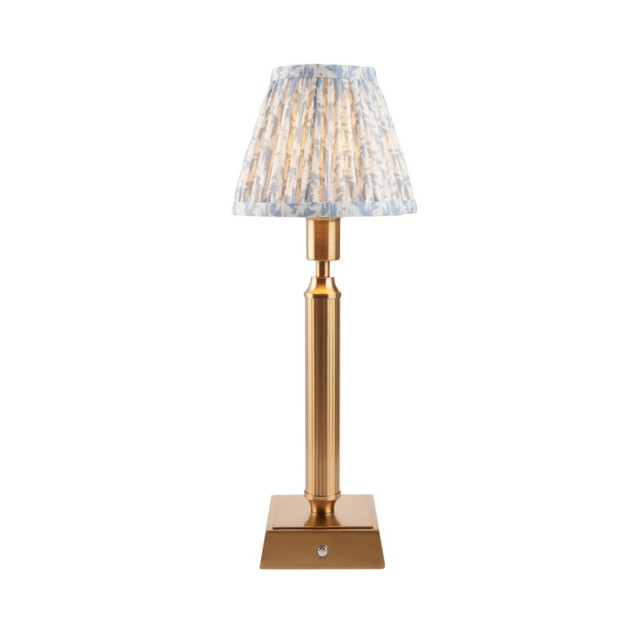 Trobridge Rechargeable Brushed Aged Brass Plate Table Lamp with Shell Bay Blue Fabric Leaf Shade 16cm Integrated LED