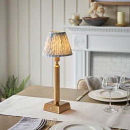 Trobridge Rechargeable Brushed Aged Brass Plate Table Lamp with Shell Bay Blue Fabric Leaf Shade 16cm Integrated LED - thumbnail 2