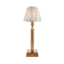 Trobridge Rechargeable Brushed Aged Brass Plate Table Lamp with Shell Bay Blue Fabric Leaf Shade 16cm Integrated LED - thumbnail 1