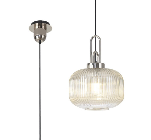 Yorktown 1 Light Pendant E27 With 30cm Pumpkin Shaped Ribbed Glass, Champagne Polished Nickel, Matt Black - image 1