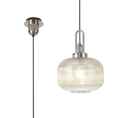 Yorktown 1 Light Pendant E27 With 30cm Pumpkin Shaped Ribbed Glass, Champagne Polished Nickel, Matt Black