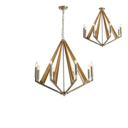Hilton Octagonal Pendant 8 Light E14 Polished Nickel/Taupe Wood - thumbnail 1