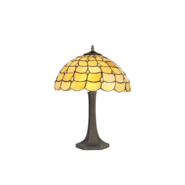 Lincoln 2 Light Octagonal Table Lamp E27 With 40cm Tiffany Shade, Beige, Clear Crystal, Aged Antique Brass - image 1