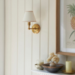 Burley Rechargeable Brushed Aged Brass Plate Wall Light with Vintage White Fabric Ivy Shade 16cm Integrated LED - thumbnail 3