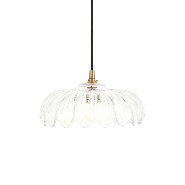 Eltham Clear Glass, Brushed Aged Brass Plate Pendant Light with Black Braided Flex Camellia B22 - image 1
