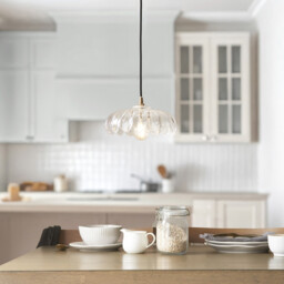 Eltham Clear Glass, Brushed Aged Brass Plate Pendant Light with Black Braided Flex Camellia B22 - thumbnail 2