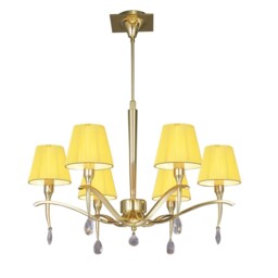 Siena Ceiling Pendant Round 6 Light E14, Polished Brass with Amber Cream Shades And Clear Crystal