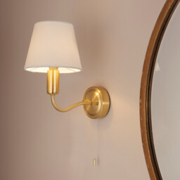 Conway Classic Wall Lamp Satin Brass with Ivory Tapered Shade & Pull Cord Switch, IP44 - thumbnail 2