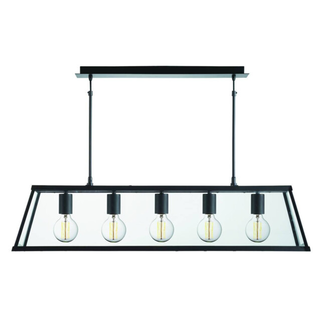 Voyager 5 Light Ceiling Lantern Pendant Bar Matt Black, Glass Panels, E27 - image 1