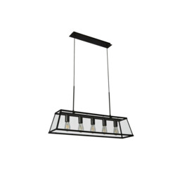 Voyager 5 Light Ceiling Lantern Pendant Bar Matt Black, Glass Panels, E27 - thumbnail 2
