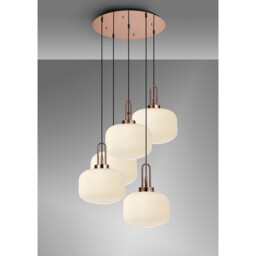 Yorktown 75cm 2.5m Round Pendant, 5 x E27, Copper/Matt Black With 30cm Pumpkin Shaped Ribbed Opal Glass - thumbnail 3