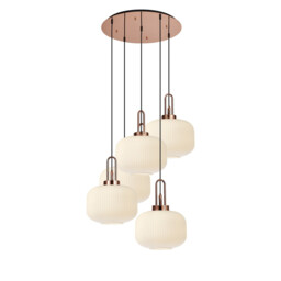 Yorktown 75cm 2.5m Round Pendant, 5 x E27, Copper/Matt Black With 30cm Pumpkin Shaped Ribbed Opal Glass - thumbnail 1