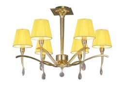 Siena Semi Flush Ceiling Round 6 Light E14, Polished Brass with Amber Cream Shades And Clear Crystal