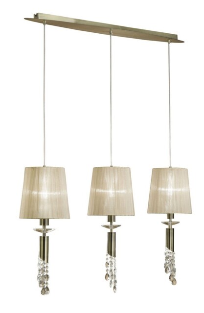 Tiffany Ceiling Pendant 3+3 Light E27+G9 Line, Antique Brass with Soft Bronze Shades & Clear Crystal - image 1