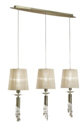 Tiffany Ceiling Pendant 3+3 Light E27+G9 Line, Antique Brass with Soft Bronze Shades & Clear Crystal