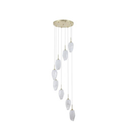 Rocky 8 Light Cluster Light Drop Celling Pendant, Satin Brass Metal & Glass - thumbnail 2