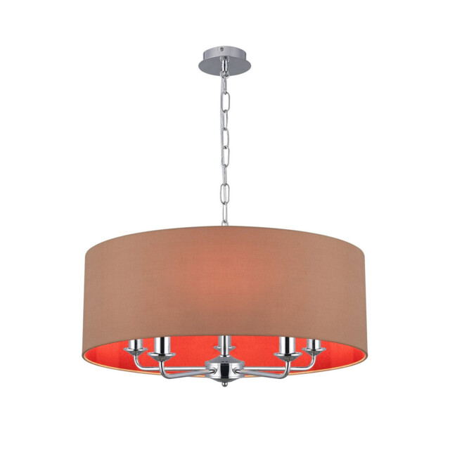 Banyan 5 Light Multi Arm Pendant, E14 Polished Chrome With 60cm x 22cm Dual Faux Silk Shade, Antique Gold/Ruby - image 1