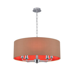 Banyan 5 Light Multi Arm Pendant, E14 Polished Chrome With 60cm x 22cm Dual Faux Silk Shade, Antique Gold/Ruby
