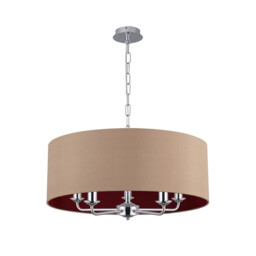 Banyan 5 Light Multi Arm Pendant, E14 Polished Chrome With 60cm x 22cm Dual Faux Silk Shade, Antique Gold/Ruby - thumbnail 5