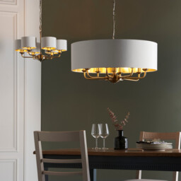 Highclere 8 Lamp Single Shade Pendant Ceiling Lamp, Antique Brass Plate, Vintage White Fabric - thumbnail 3