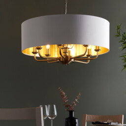 Highclere 8 Lamp Single Shade Pendant Ceiling Lamp, Antique Brass Plate, Vintage White Fabric - thumbnail 2